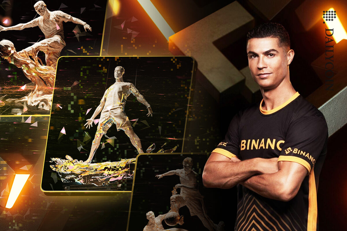 Christiano Ronaldo standing next to his binance NFTs.