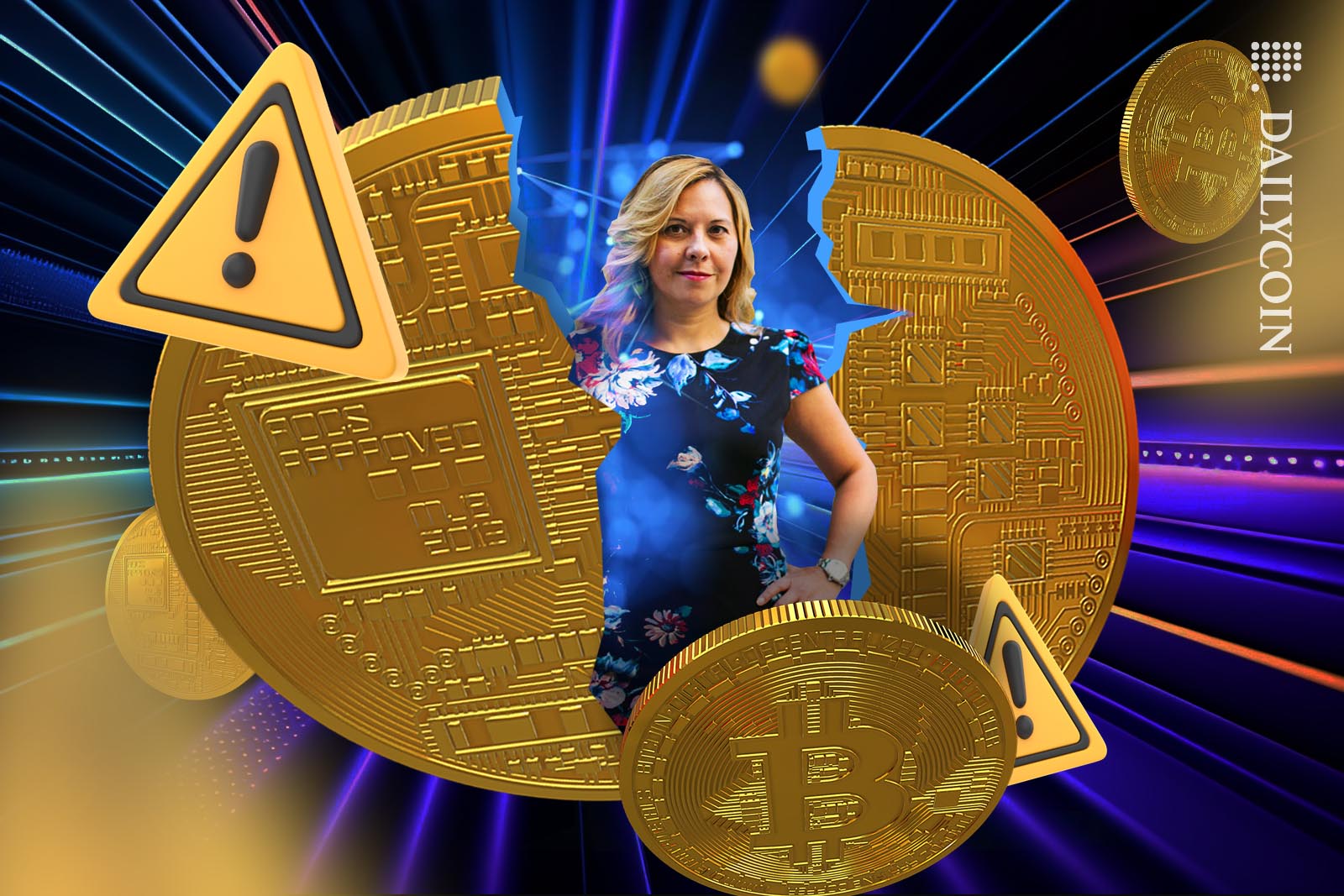 Christy Goldsmith Romero in the middle of a digital explosion of crypto coins, bitcoins and warning signs.