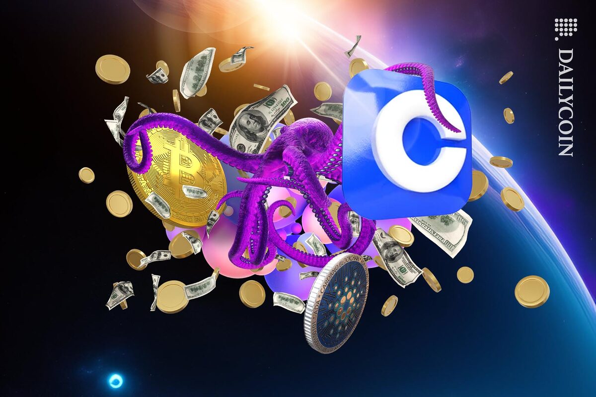 Purple octopus floating in space in a cluster of coins, money and a Coinbase Logo.