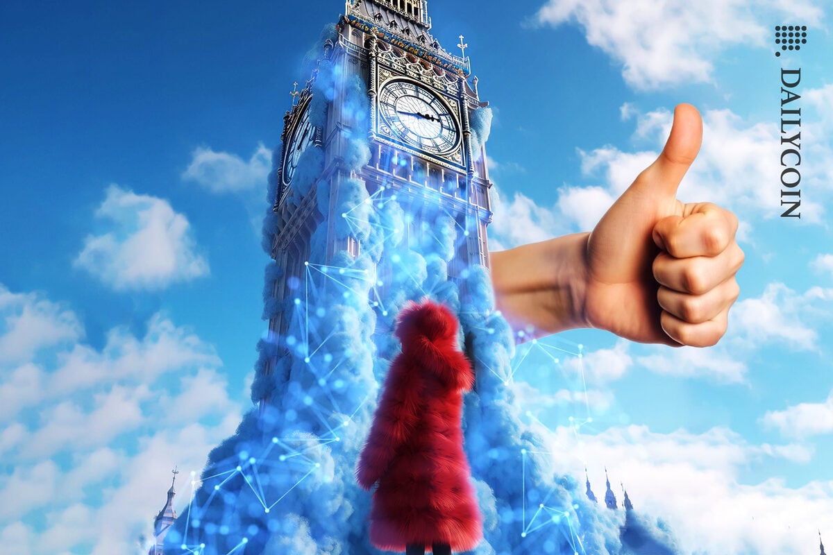 DeFi connection climbing onto big ben, and its showing thumbs up to a little girl dressed in red.
