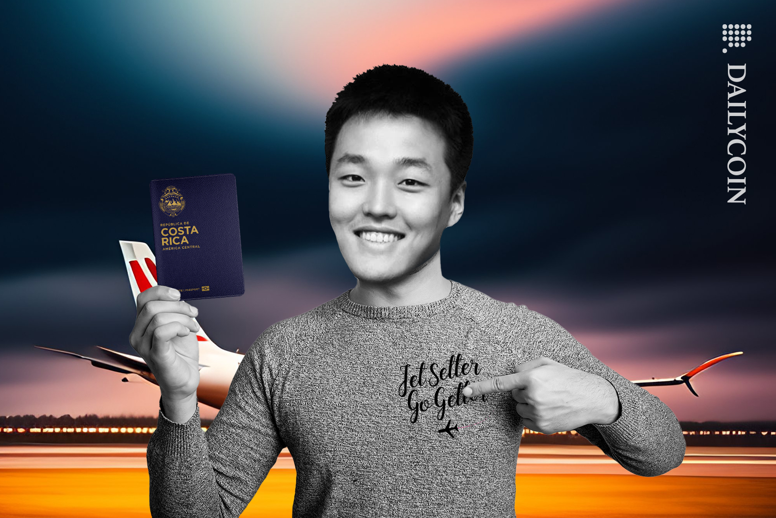 Do Kwon about to go on a plane smilling pointing at his Costa Rican passport.