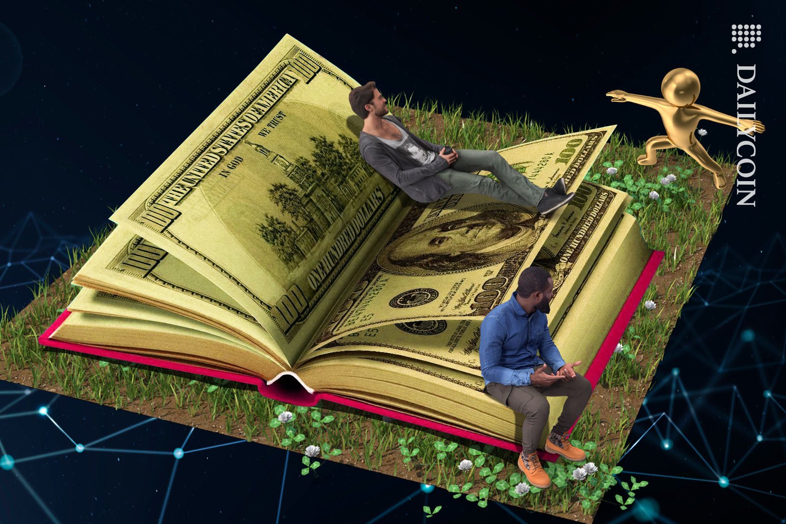 Two man relaxing on a book made of money, whilst watching a golden figure doing stretches.