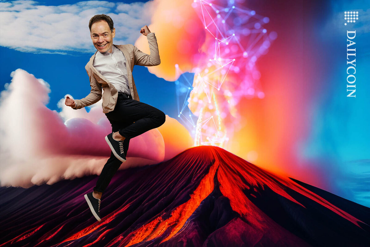 Max Kaiser jumping with joy on a blockchain vulcano.