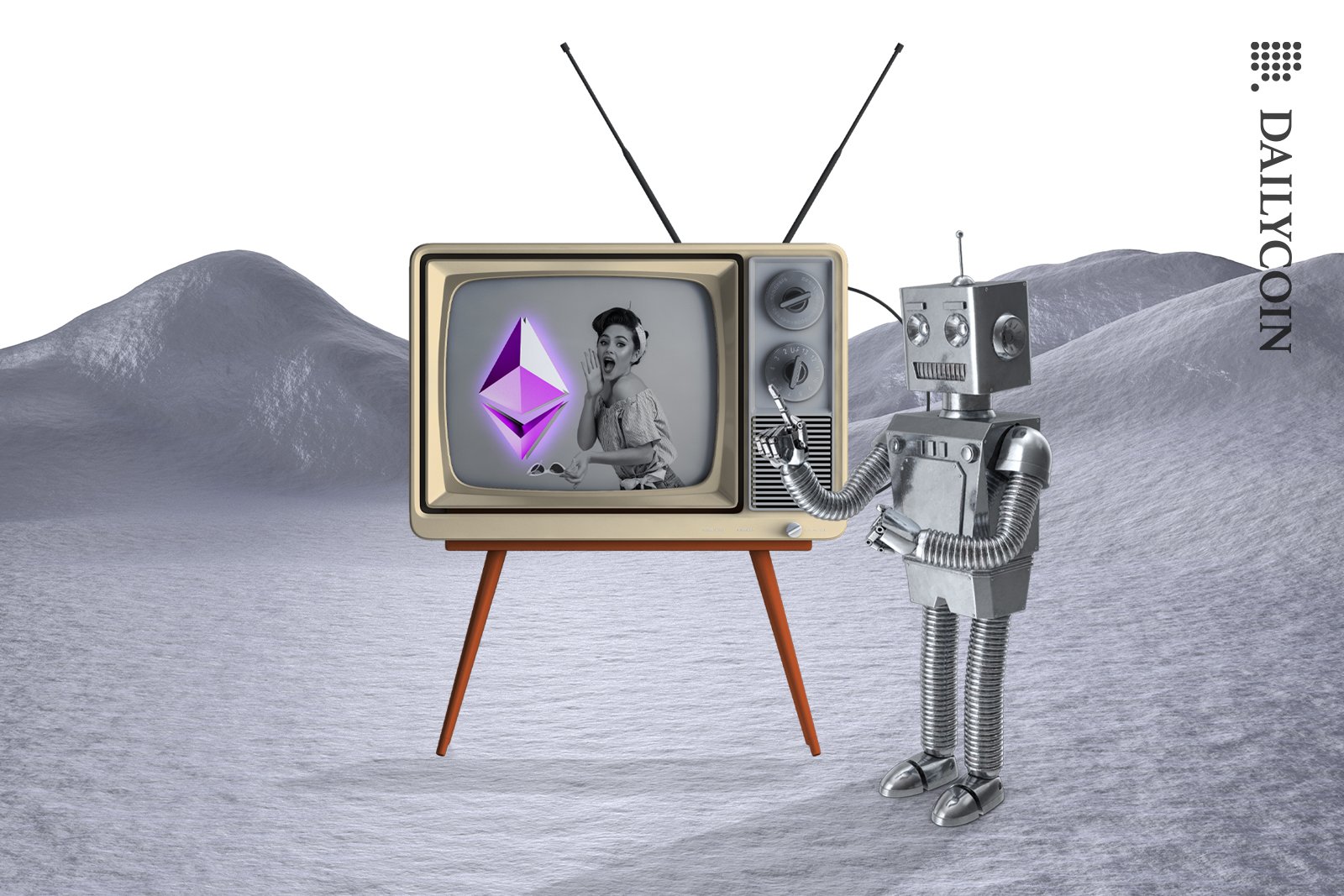 Vintage TV lady impressed by Layer 2 Ethereum, robot is explaining what is going on.