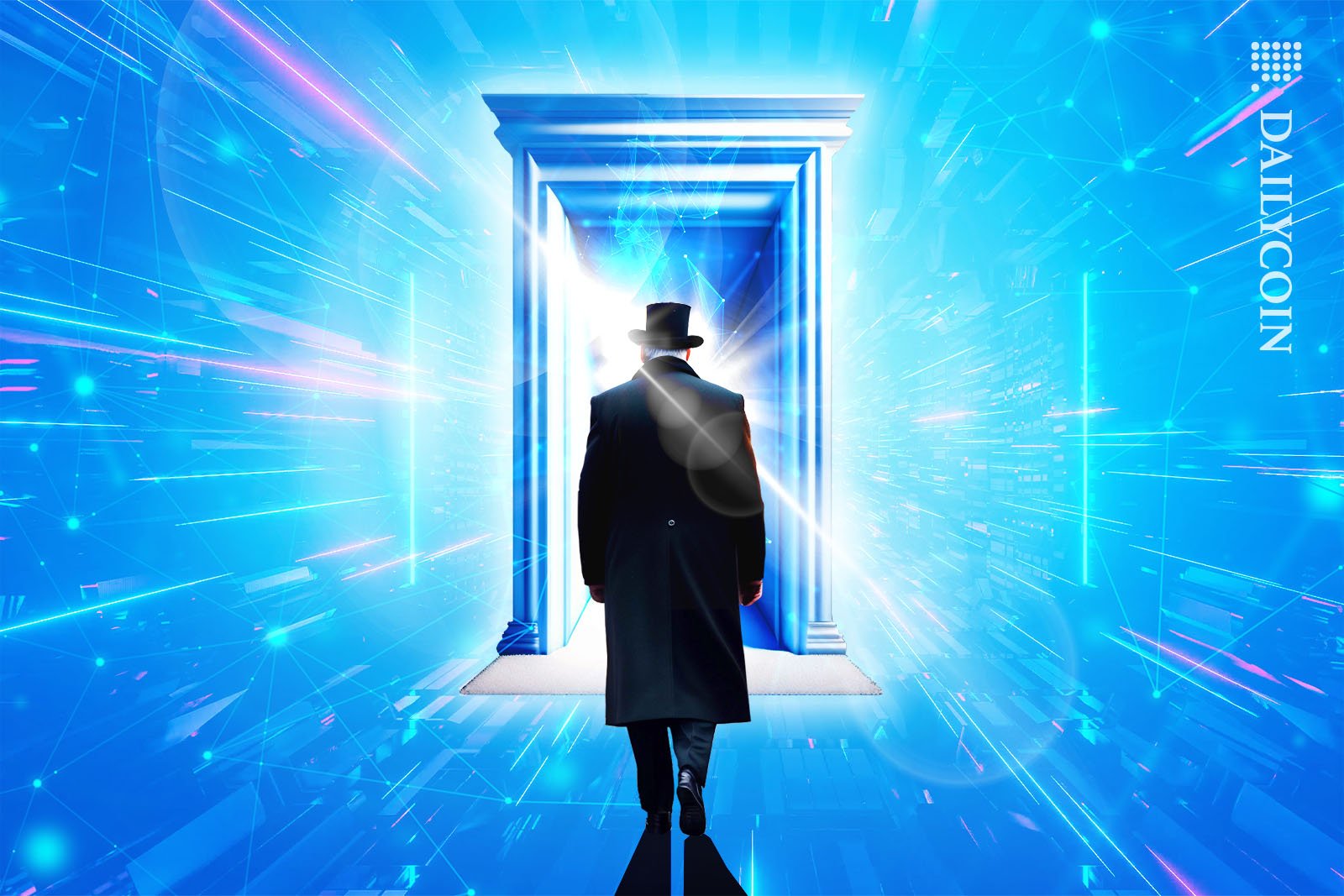 Old fashioned gentleman walks towards a super bright digital door in blockchain crypto surrounding.