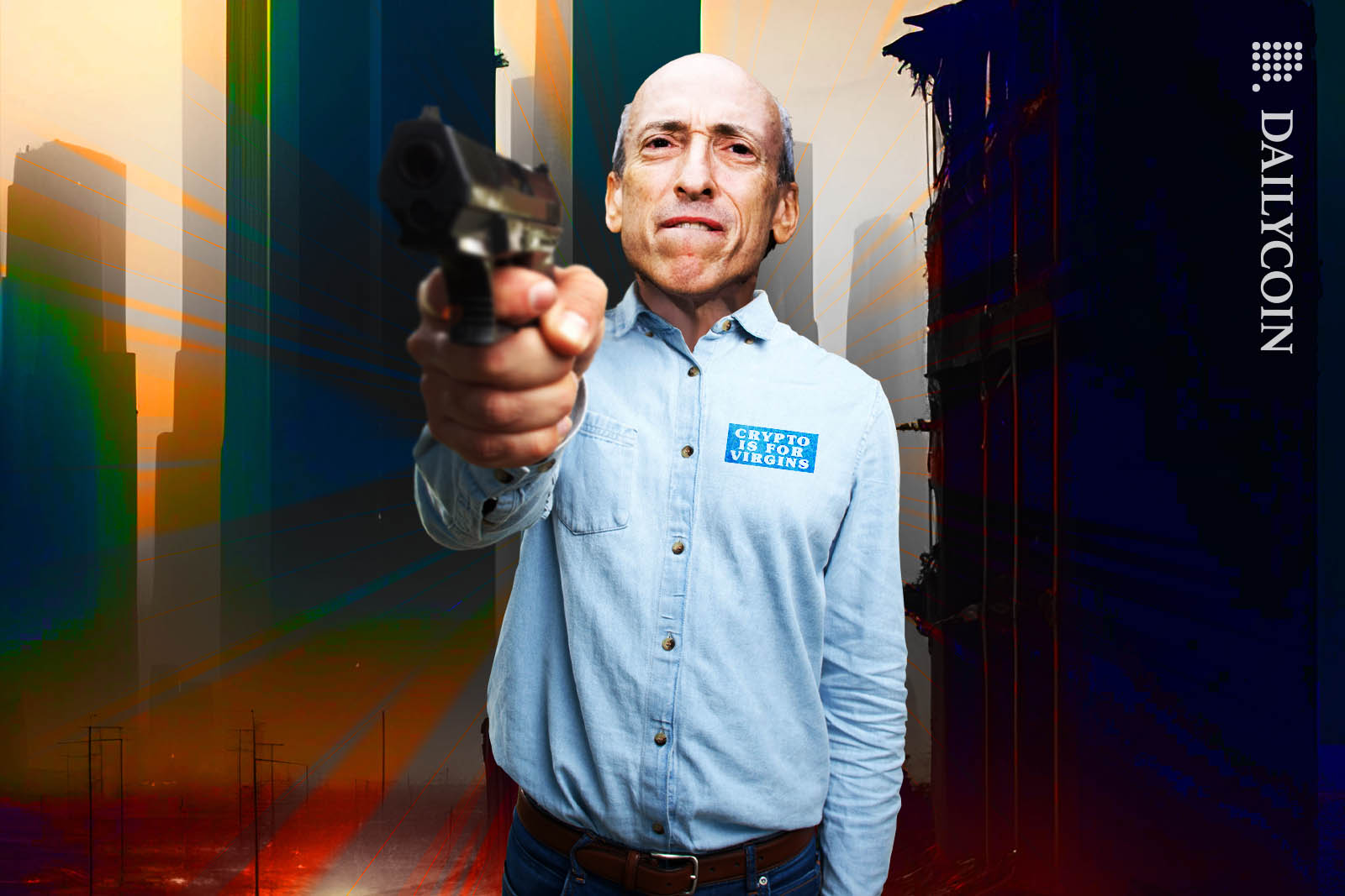 Gery Gensler holding a gun towards the camera, looking like he is about to finish crypto.