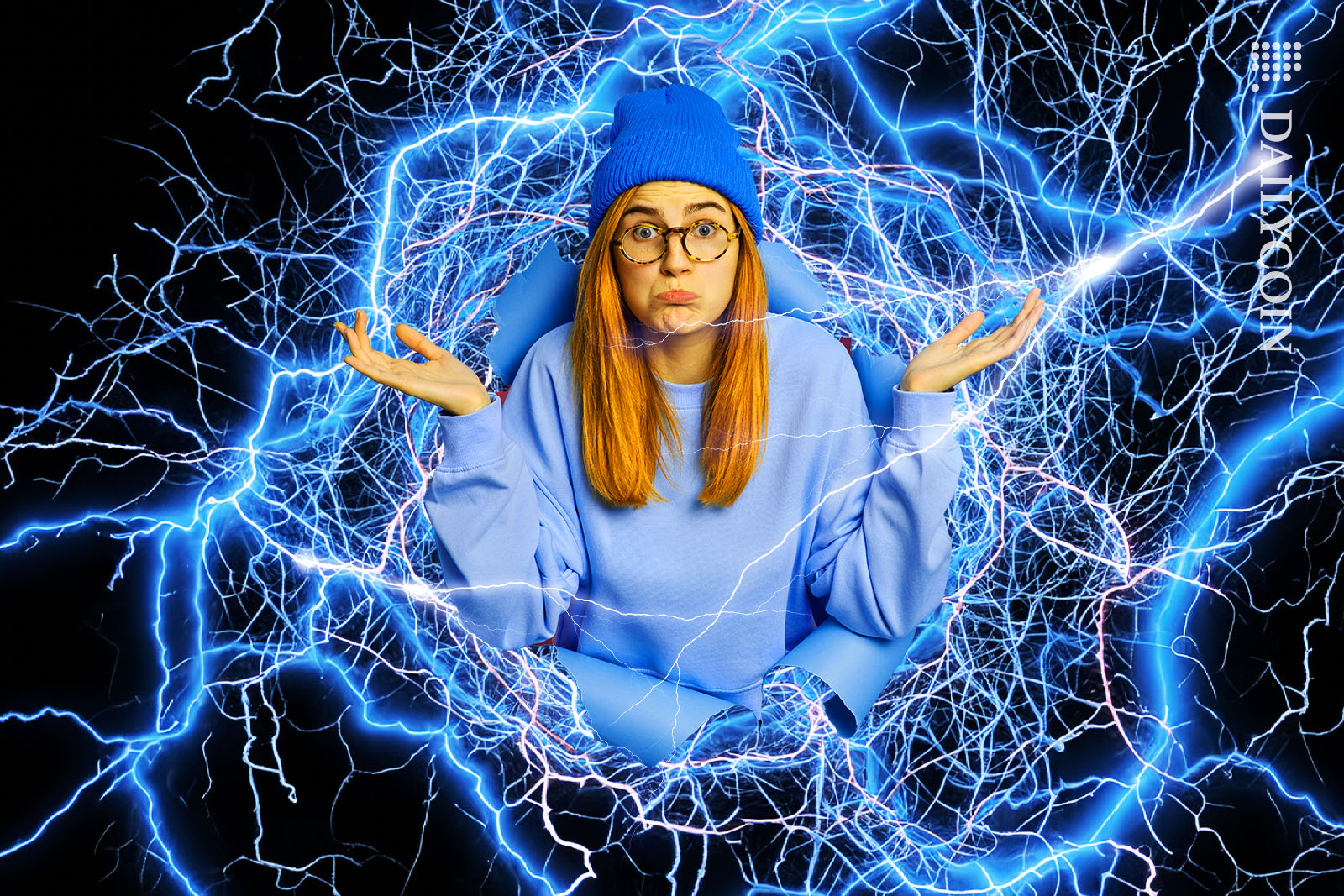 A girl in a blue hat and glasses looking very confused about something, breaking out of a digital mess.