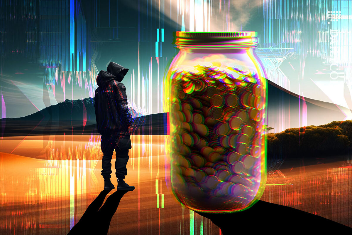 A digital hacker looking back at his hoard of gold coins in a digital glitchy desert.