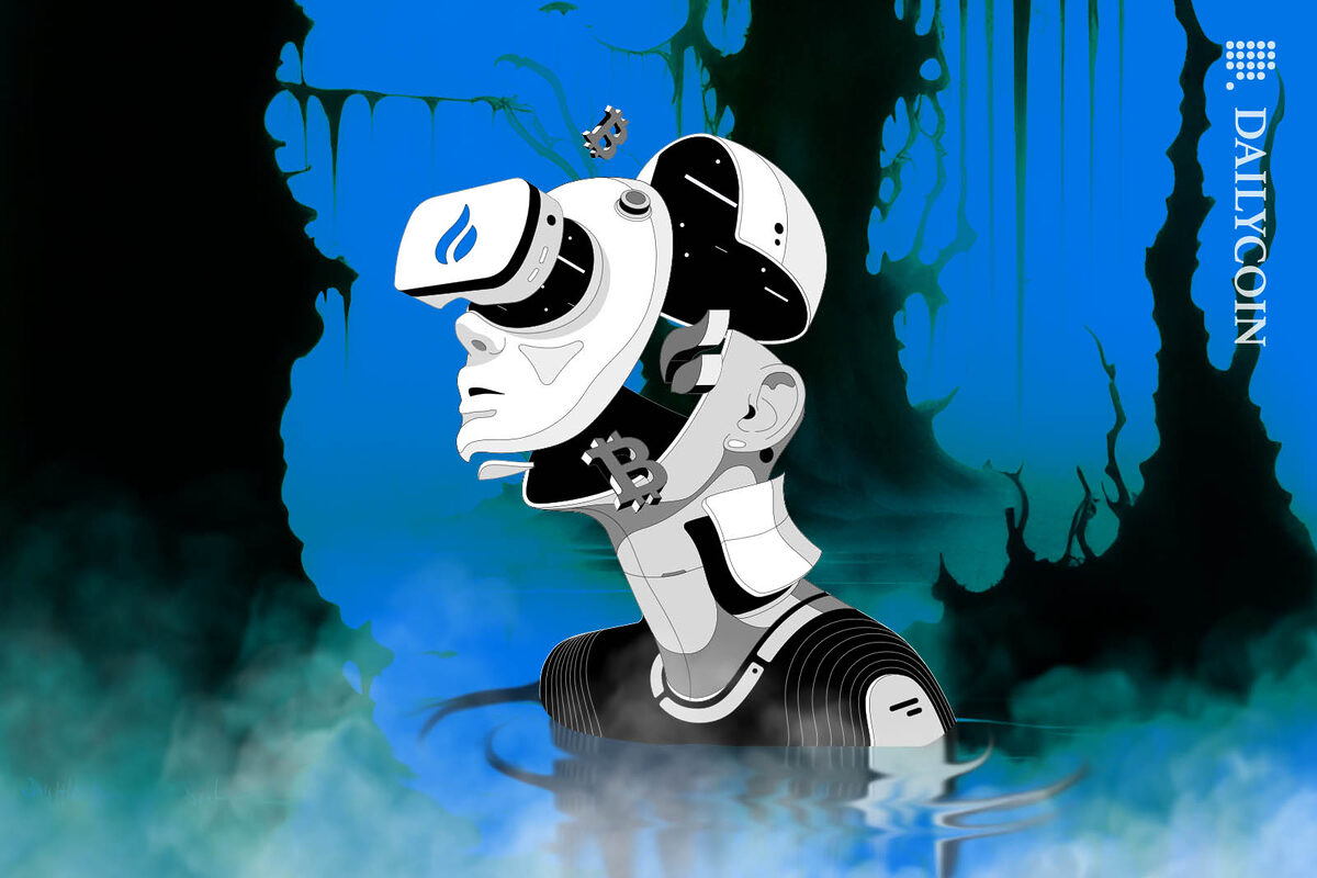 A Huobi robot with its face apart, emerging from a dark and dingy swamp.