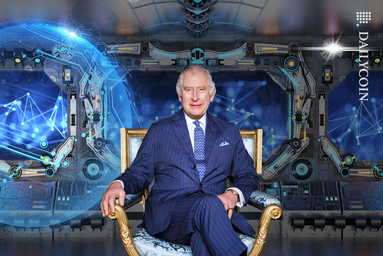 King Charles III sitting in a fancy chair in a super hightech command centre.