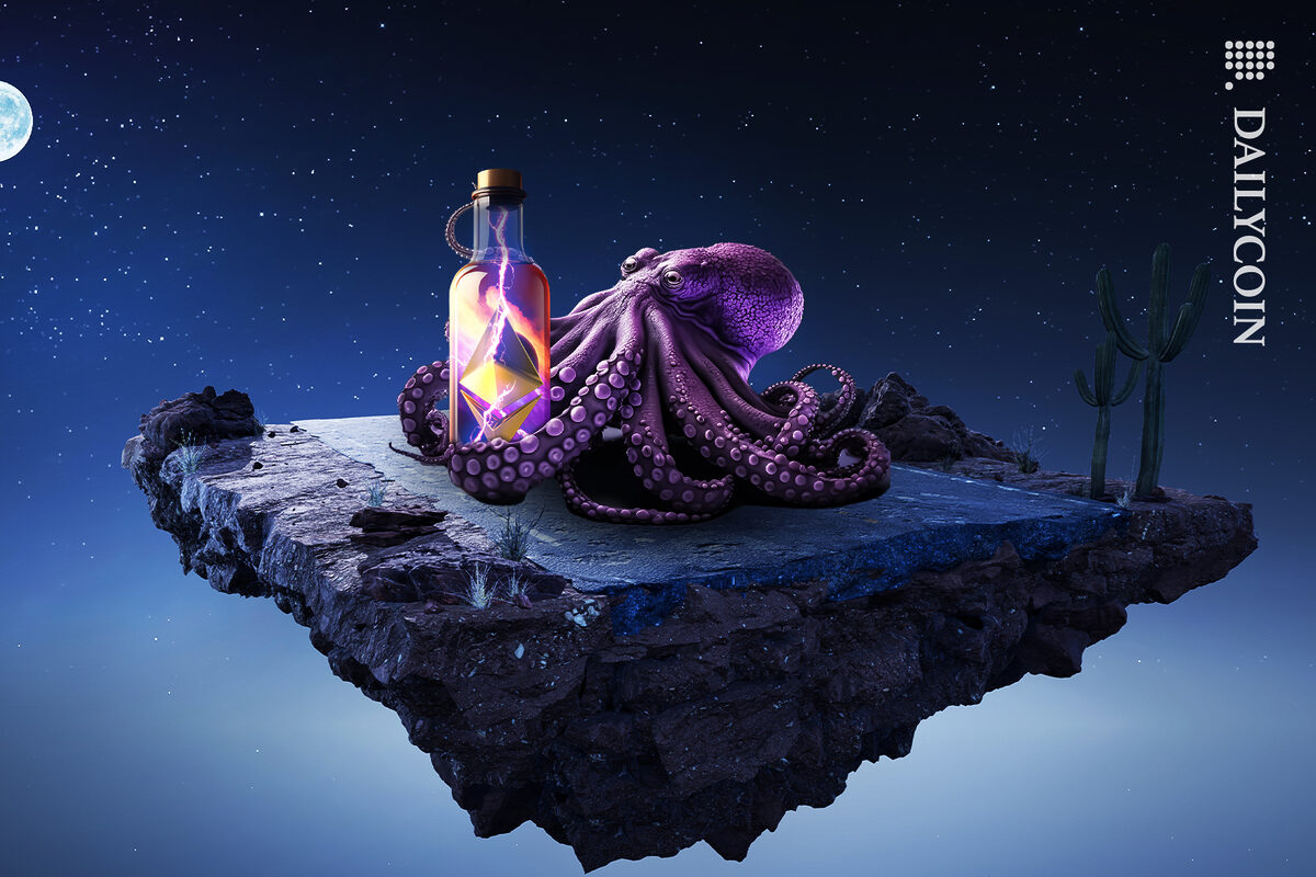 Purple octopus hugging a water bottle on top of a floating rock.