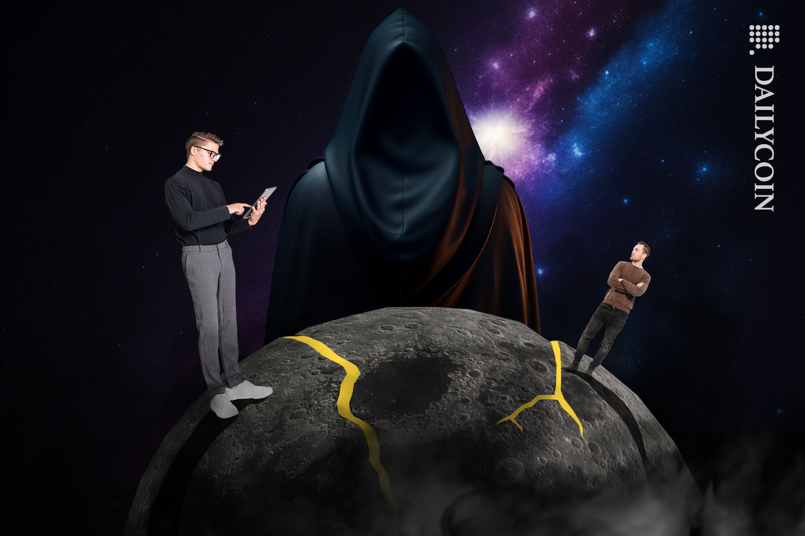 Two developers on moon, analyzing a shady hooded figure.