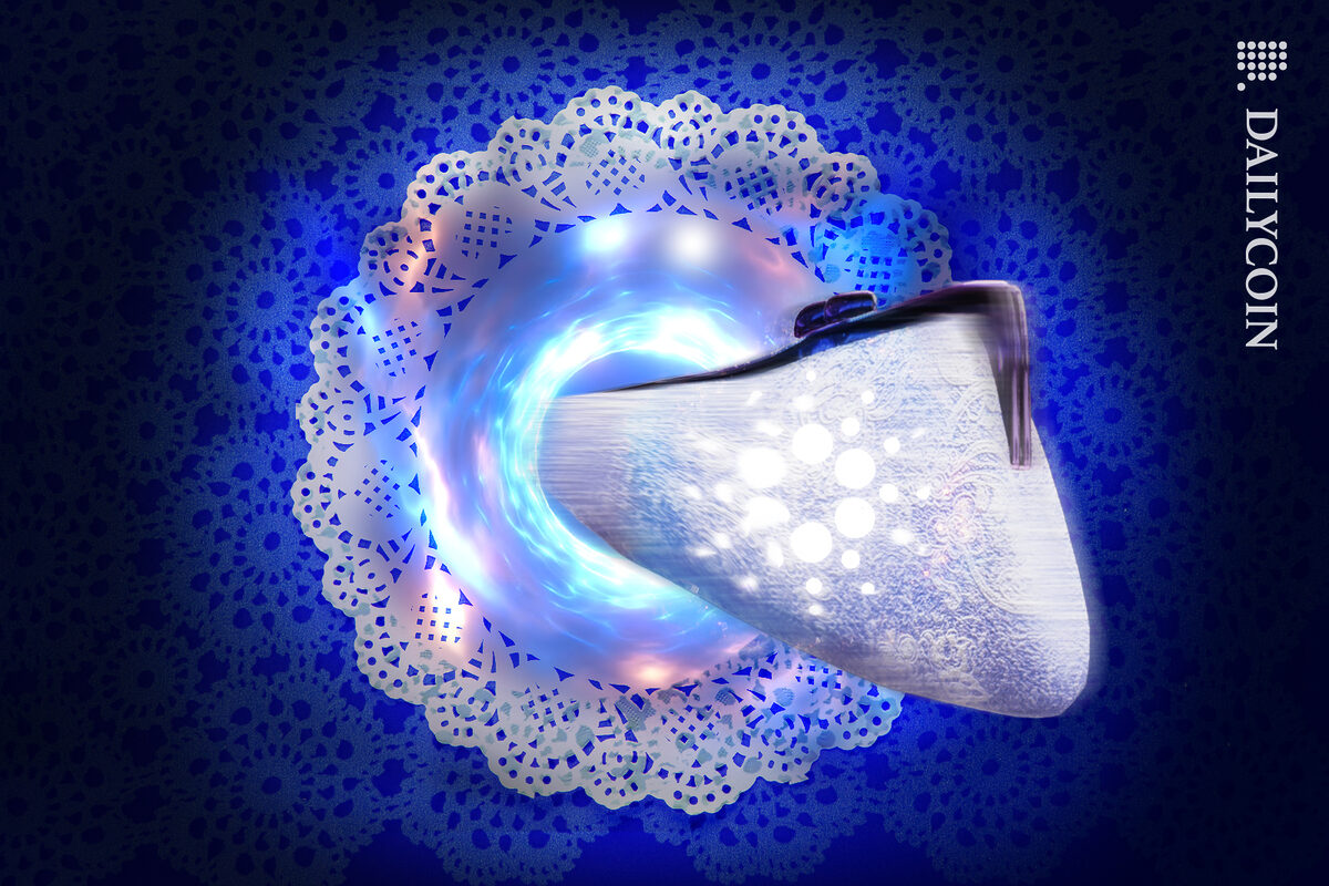 A lace cardano purse entering from a lace cloth portal.