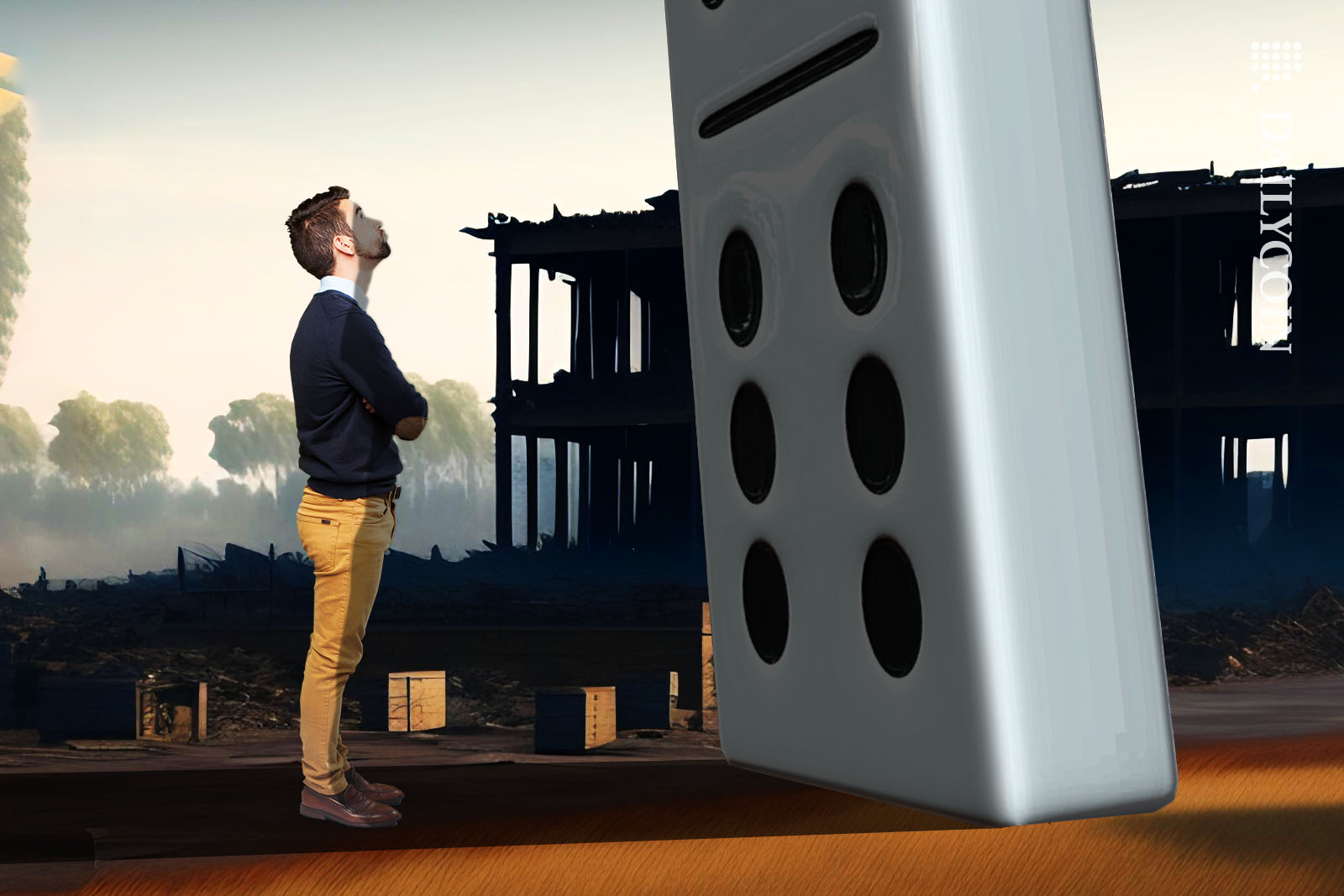 Man dressed in smart casual, looking at the top of a giant leaning domino.