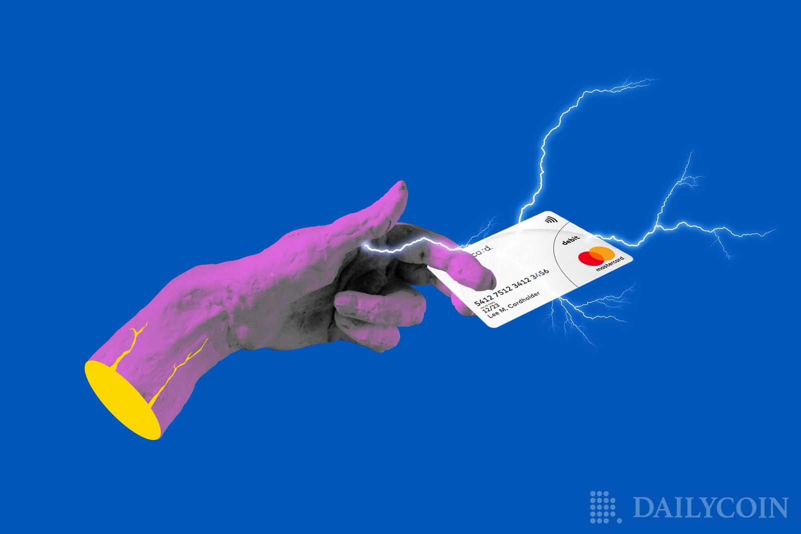 A hand holding a Mastercard is being struck by lightning.