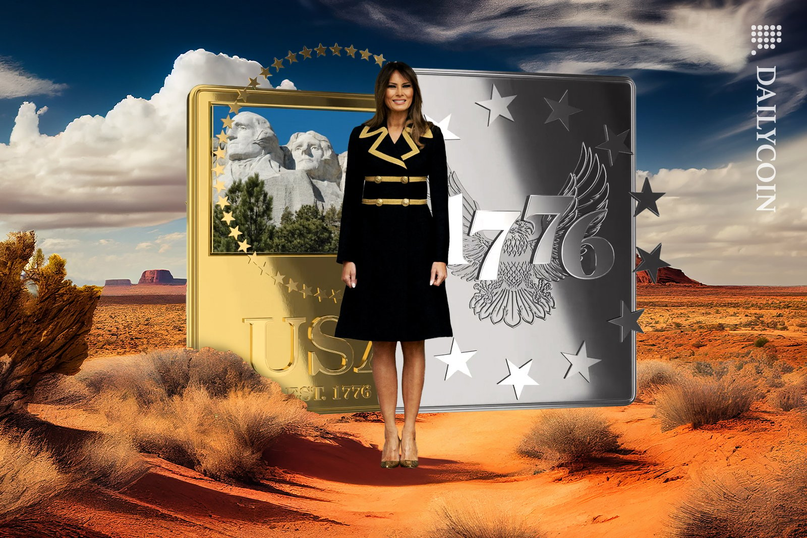 Melania Trump exibindo seus NFTs de 1776 na paisagem do deserto americano.