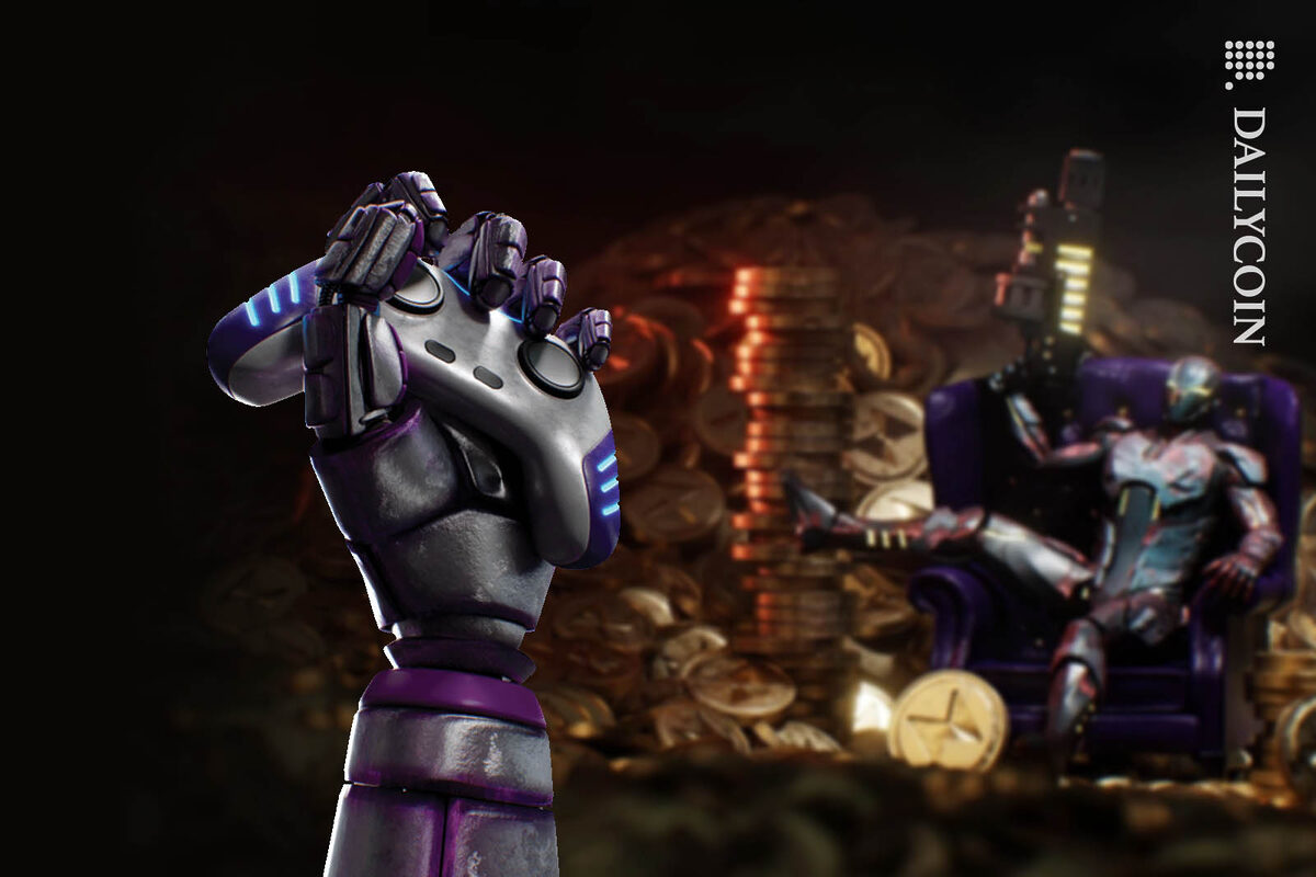 Robot hand holding a game controller, robot sitting in the background next to pile of golden coins.