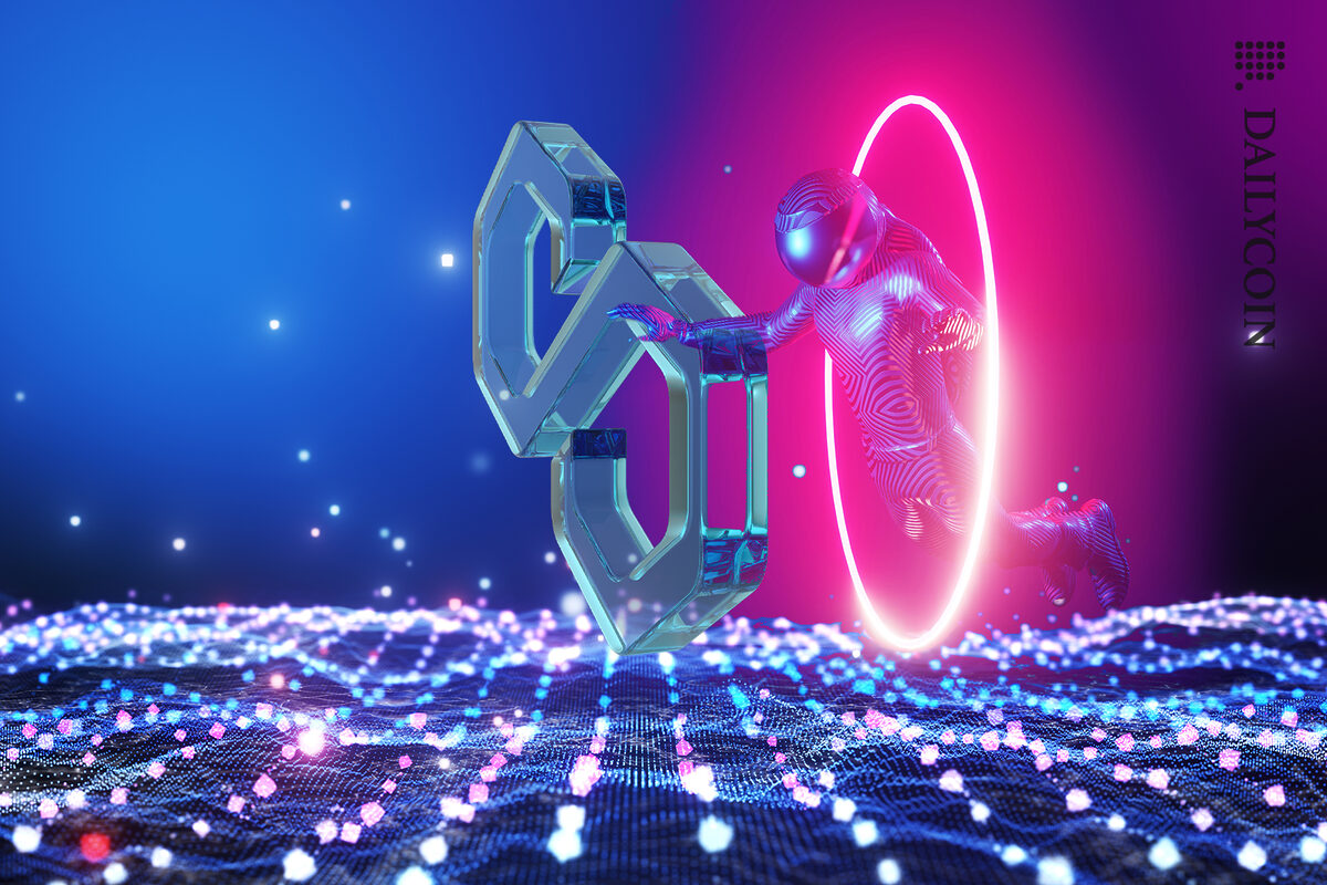 Character entering from a portal, on digital Polygon land touching the logo.