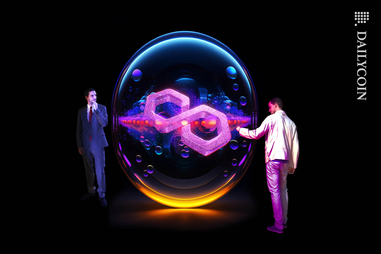 2 men examining an unidentified glowing bubble object with a Polygon logo in the middle.