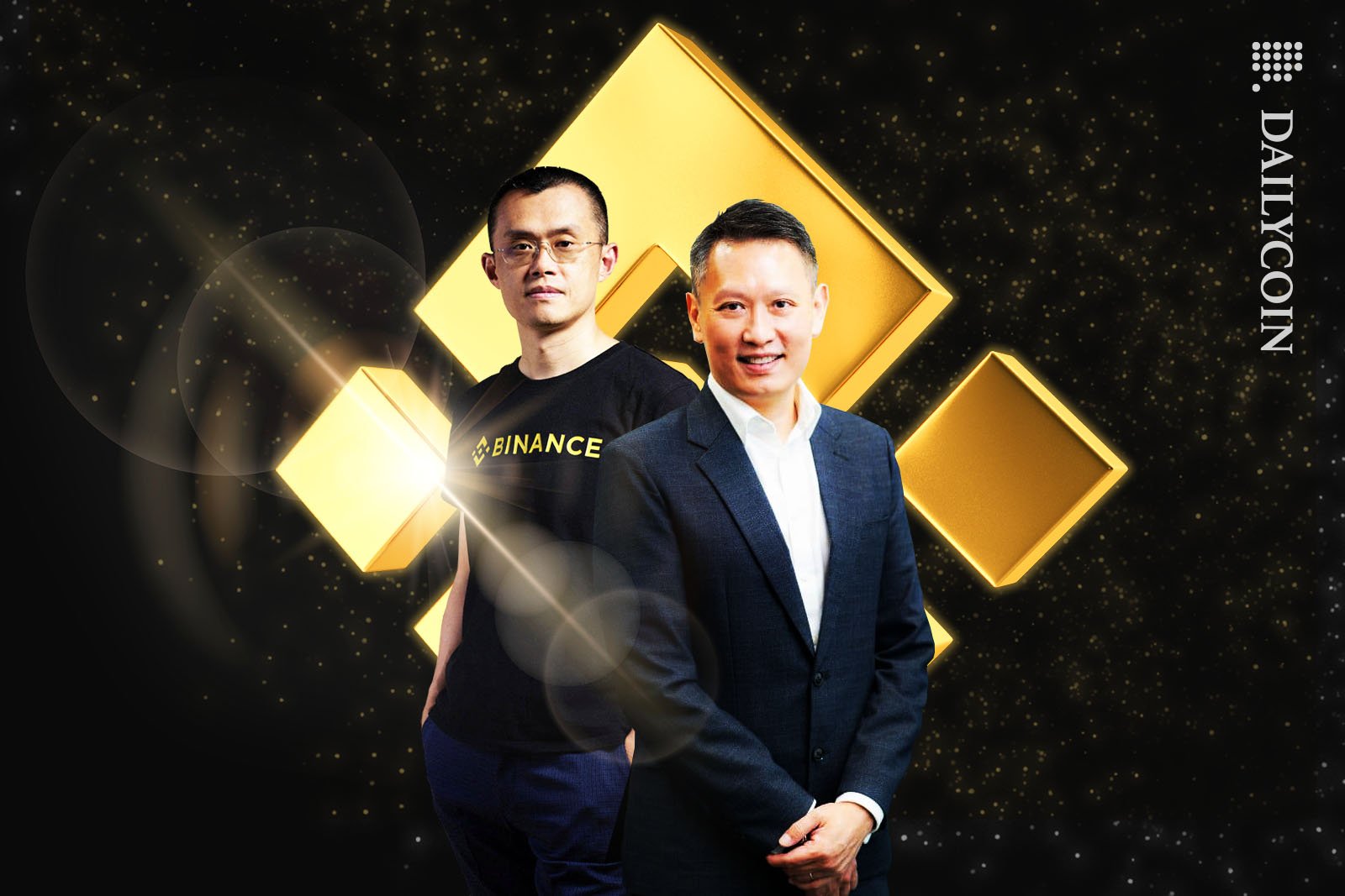 Richard Teng and Changpeng Zhao standing proudly in front of a golden 3D Binance logo.