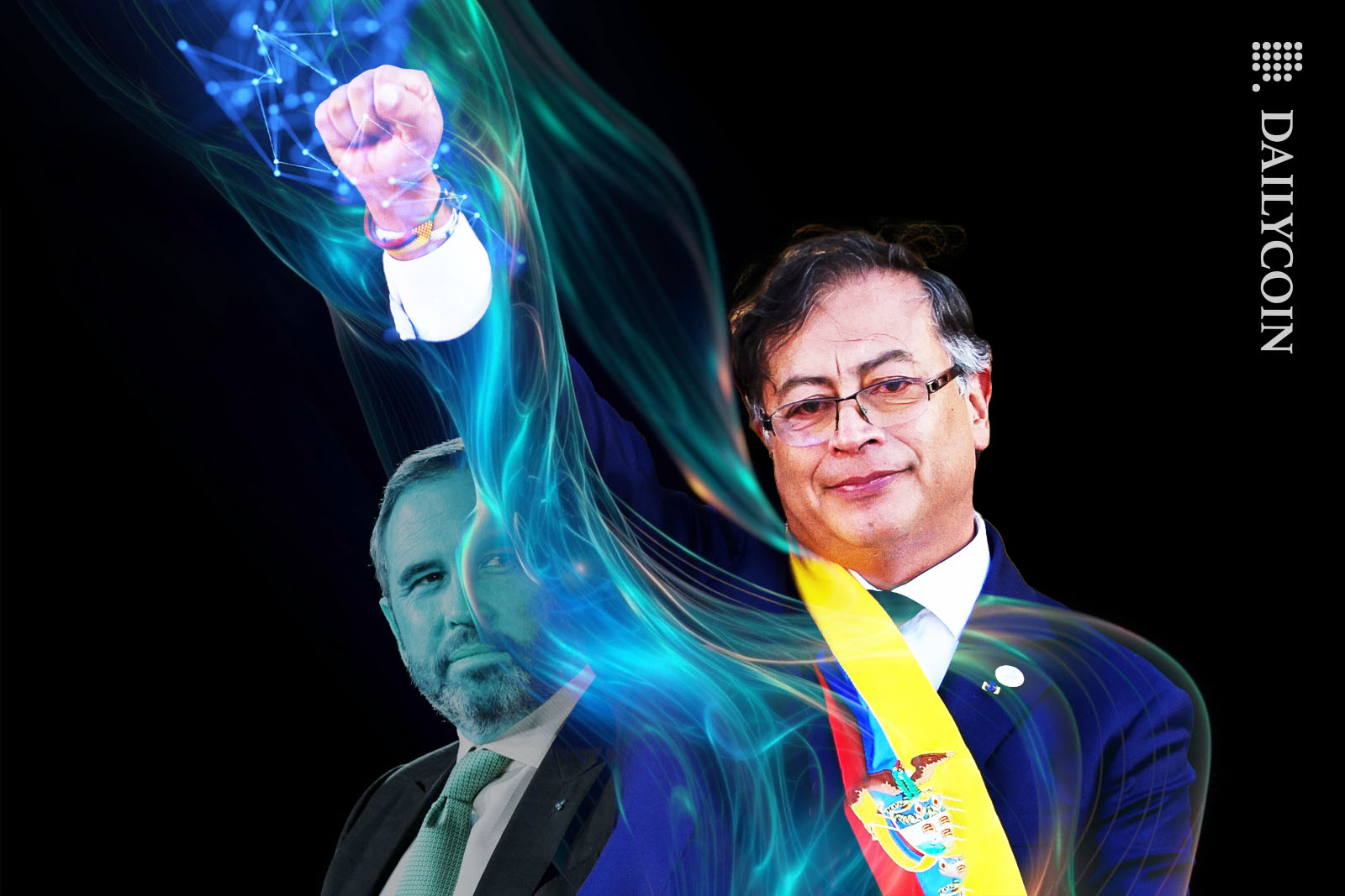 Gustavo Petro holding up his fist, sending energy waves up to the sky, whilst Brad Garlinghouse smiling in the background.