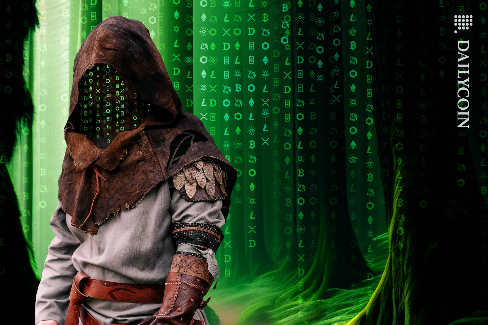 Robin Hood with a digital face made out of crypto logos staring at the camera in a digital dark green forest.