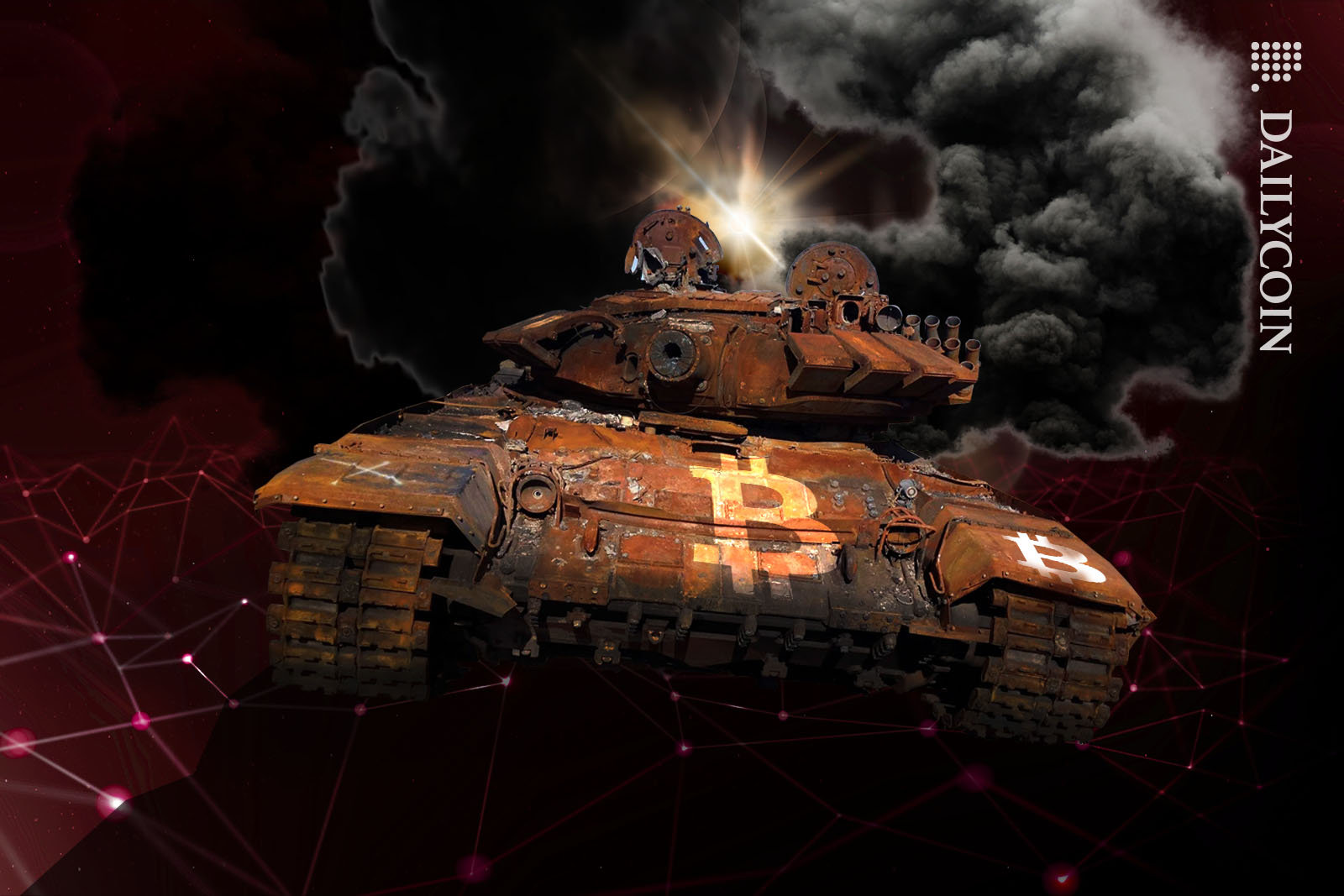 Burned out Russian tank sitting in a digital environment, with Bitcoin logos painted on it and smoke coming out its back.