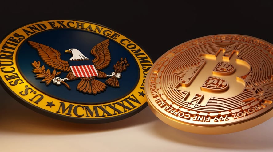 SEC and Bitcoin crypto logos.