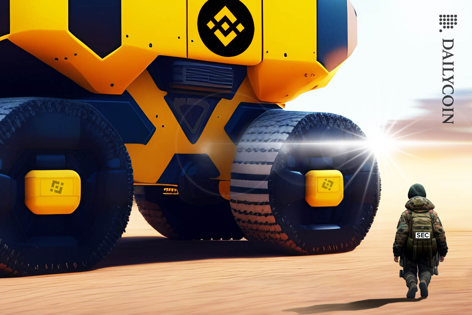 A tiny soldier with a SEC badge approaching a huge futurisctic Binance vehicle.
