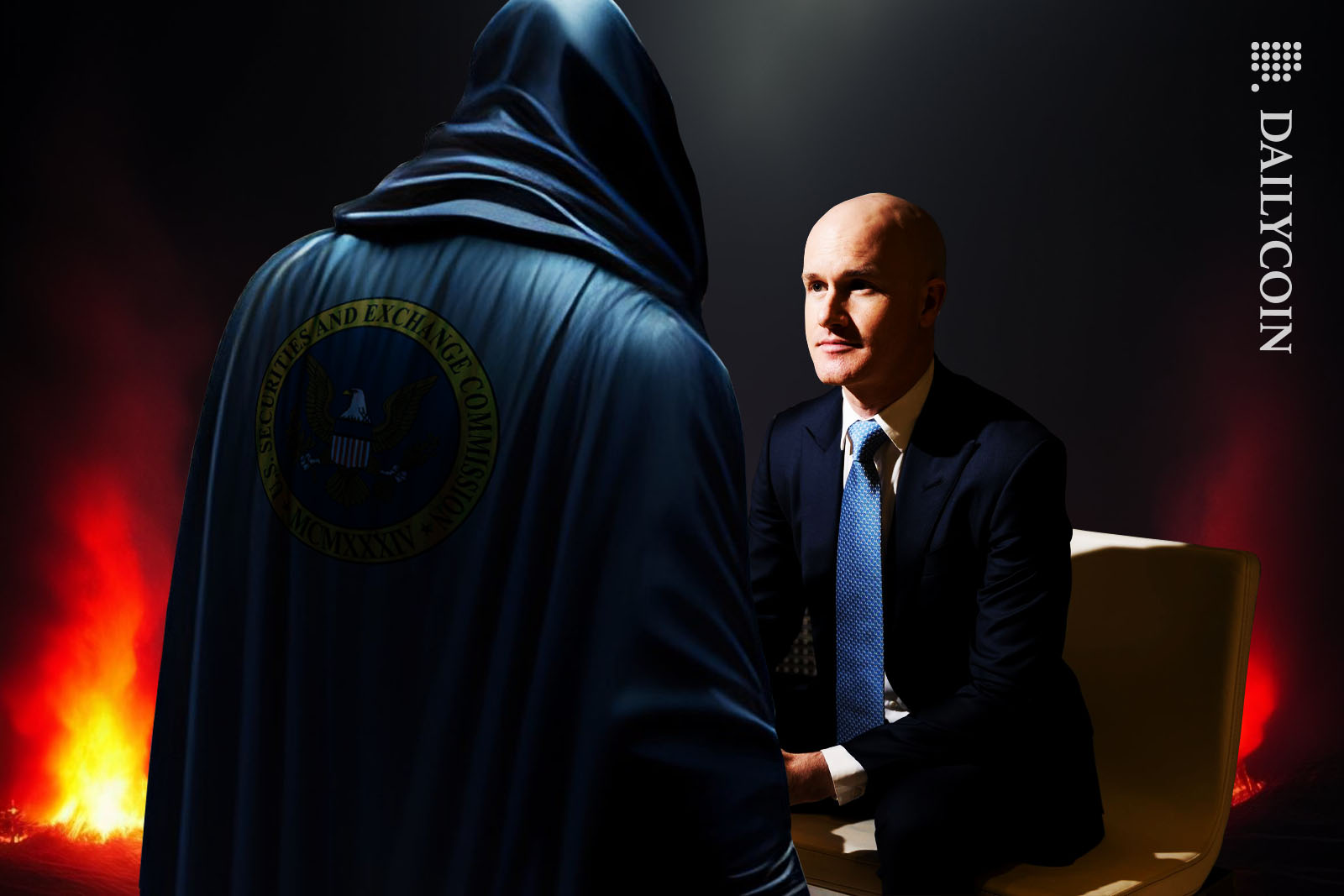 Brian Armstrong facing a dark figure from SEC in hell.