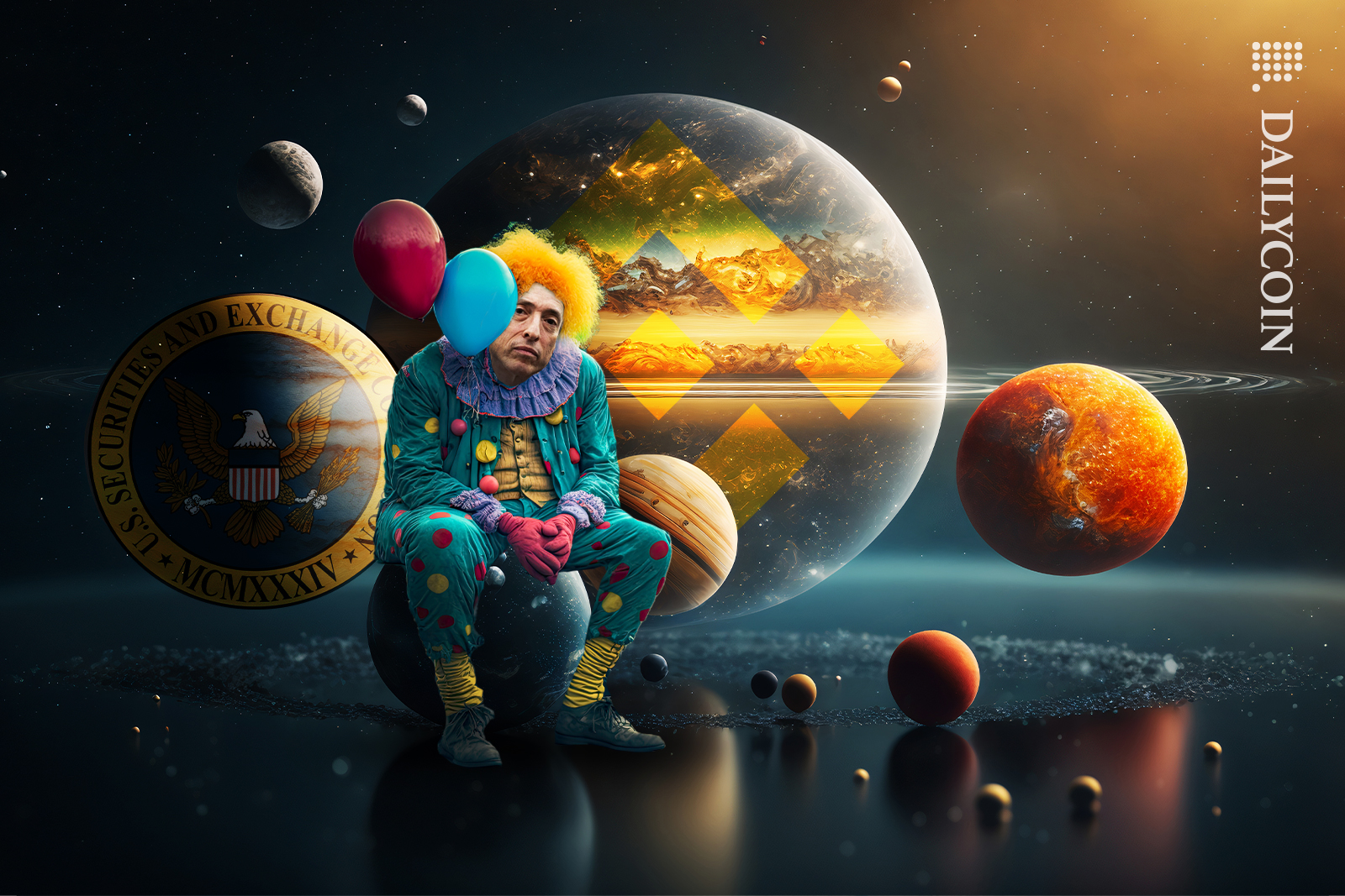 SEC chairman Gary Gensler dressed as a clown sitting in outer space in front of a Binance planet.