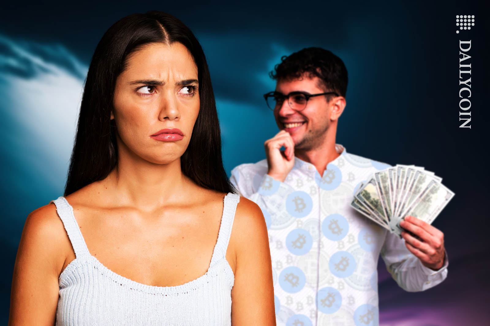 Woman looking angry whilst a crypto influencer smiling behind her with a bunch of cash in his hand.