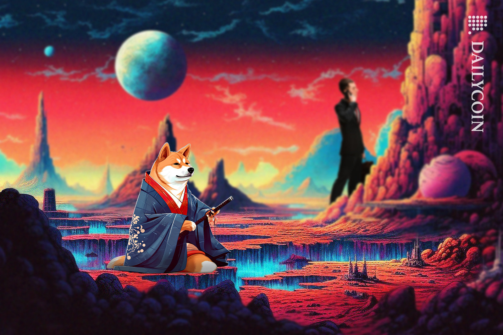Shiba Inu sitting in his game world, in the distance a man is holding a case making calls.