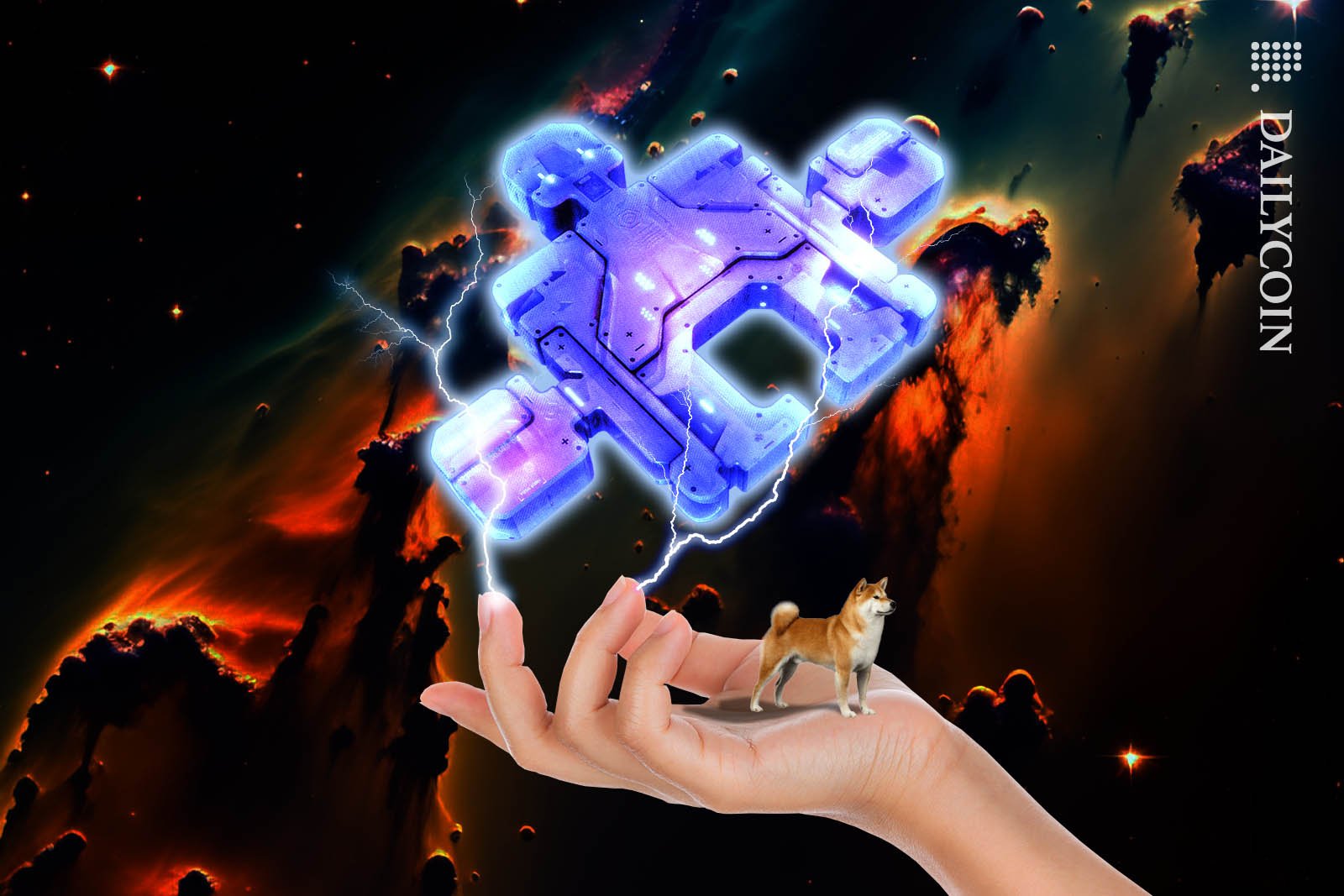Futuristic puzzle piece levitating above a hand holding a Shiba inu.