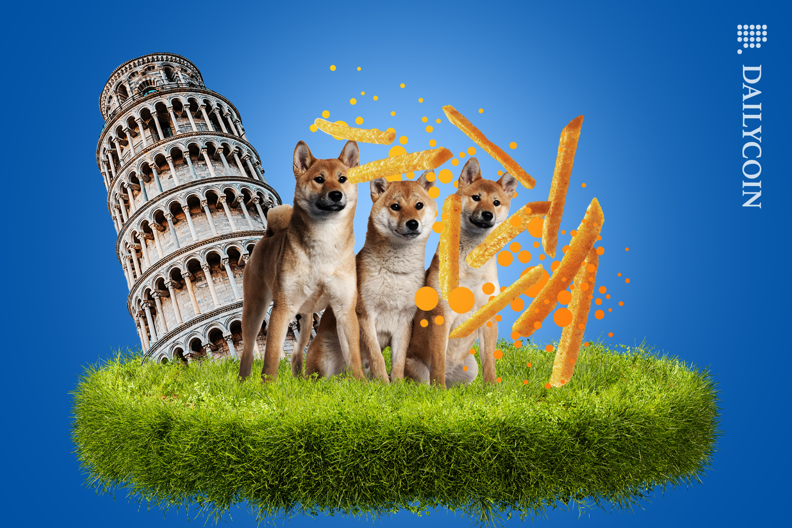 Shiba dogs looking at french fries in Italy, next to a Leaning Tower of Pisa.