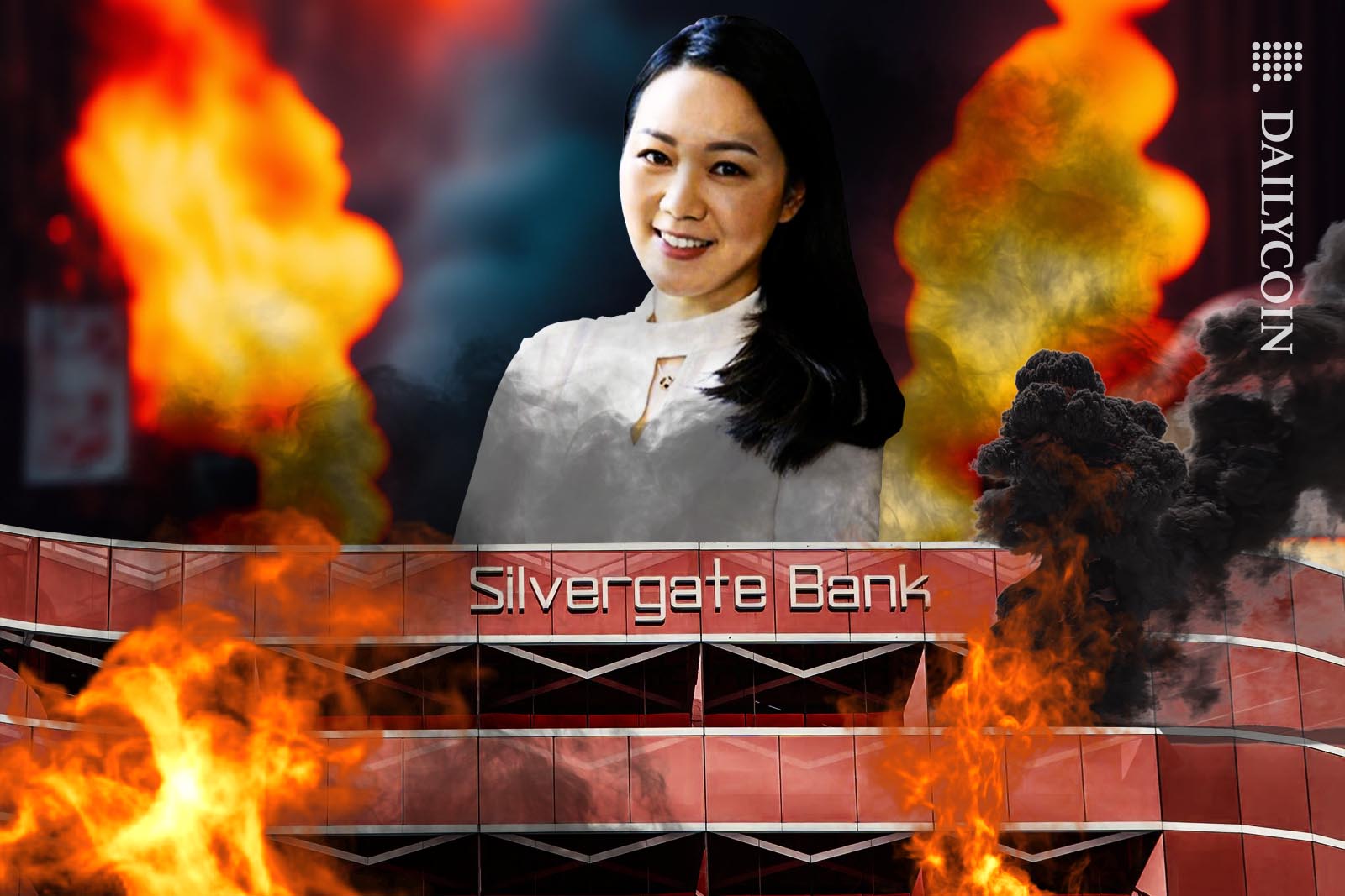 Guangjing Chen of Binance standing behind the burning building of Silverate Bank.