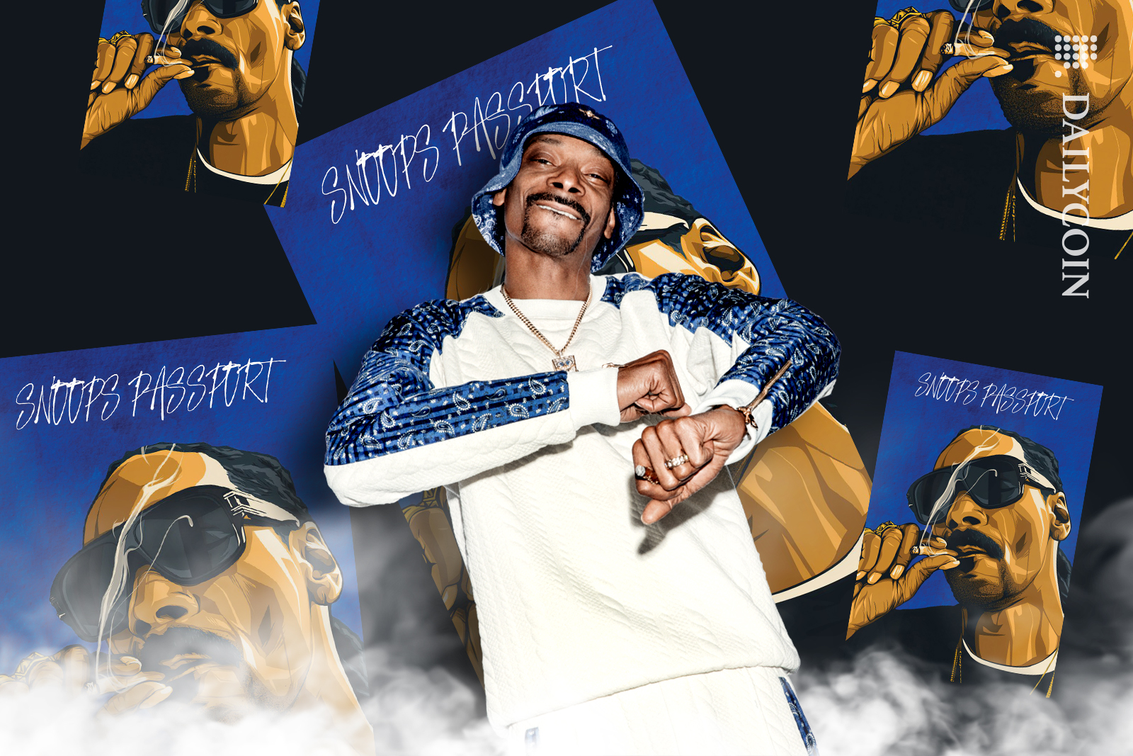 Snoop Dogg dancing next to his NFT passports.
