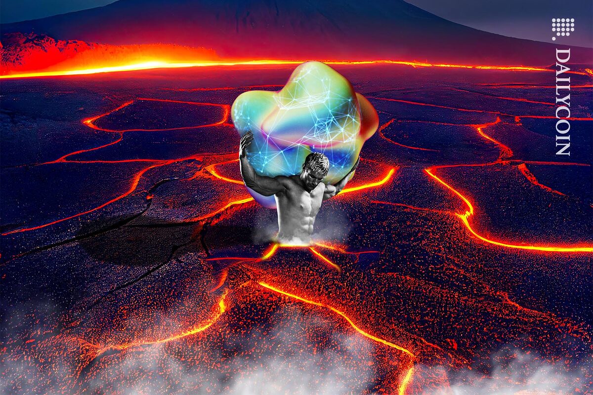 A strong man holding up a weird and colourful object, whilst standing in lava waist deep.