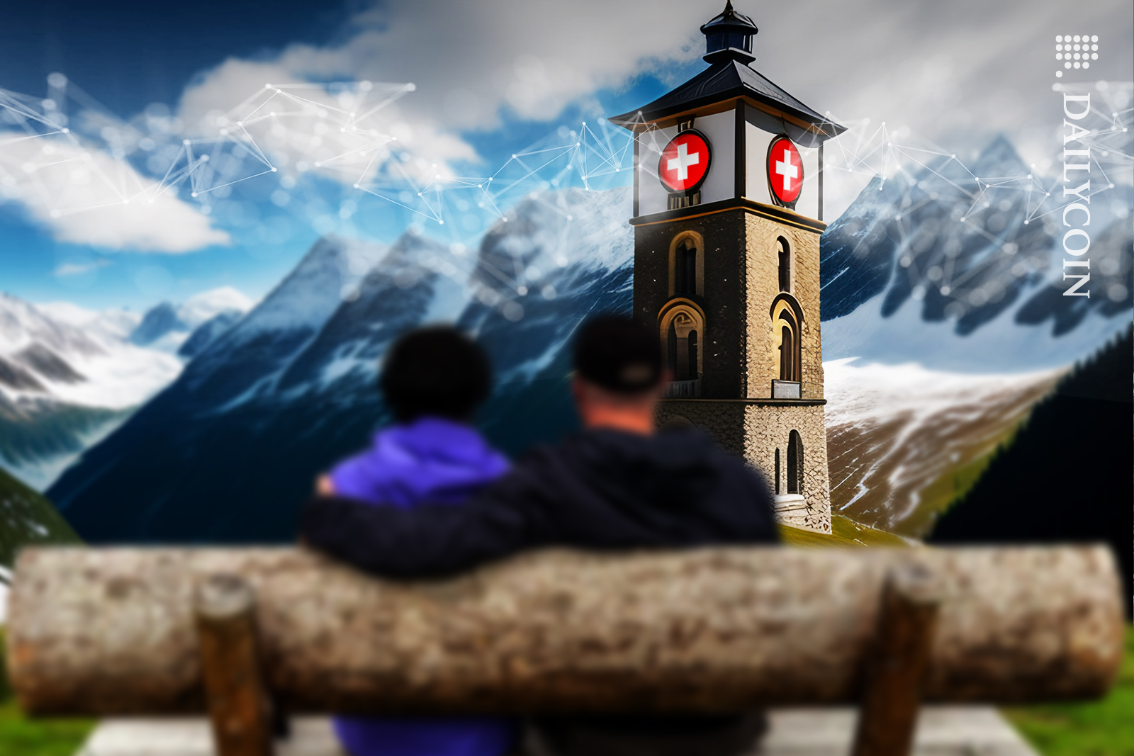 A couple looking at a Swiss tower clock with blockchain.