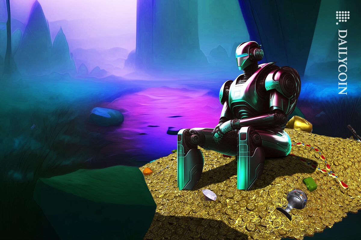 Big powerful robot sitting on a large pile of trasure in analien landscape.