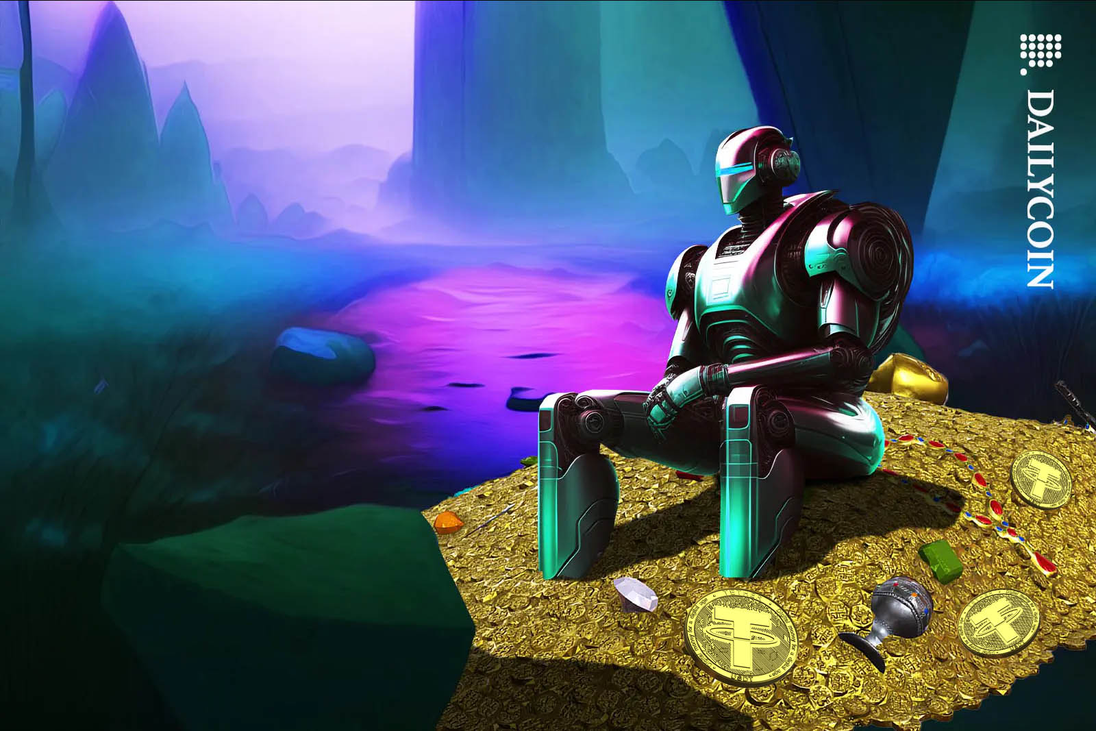 Robot sitting on a pile of gold coins and Tether USDT tokens in a swamp-like environment.