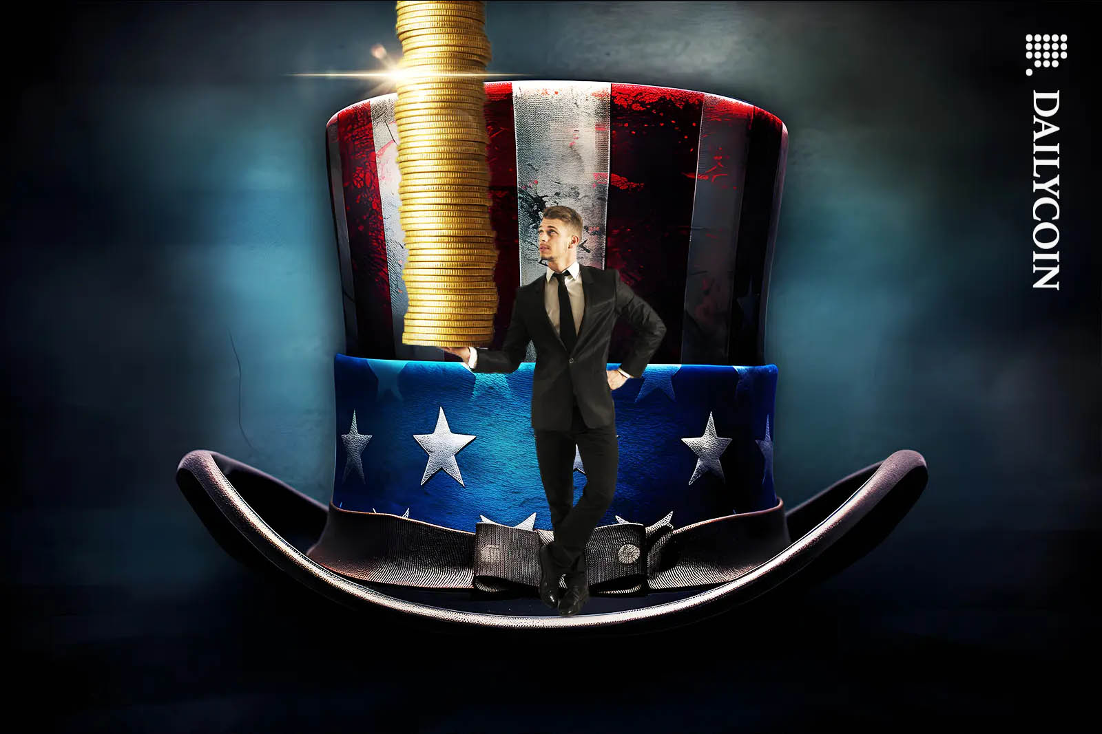 Man in suit balancing a stack of coins with one hand, whilst standing on a tophat.