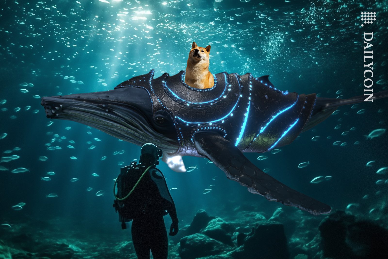 Technology whale carries Shiba Inu on top of his back. In a deep ocean, with fish swimming around and scuba diver looking at the whale.