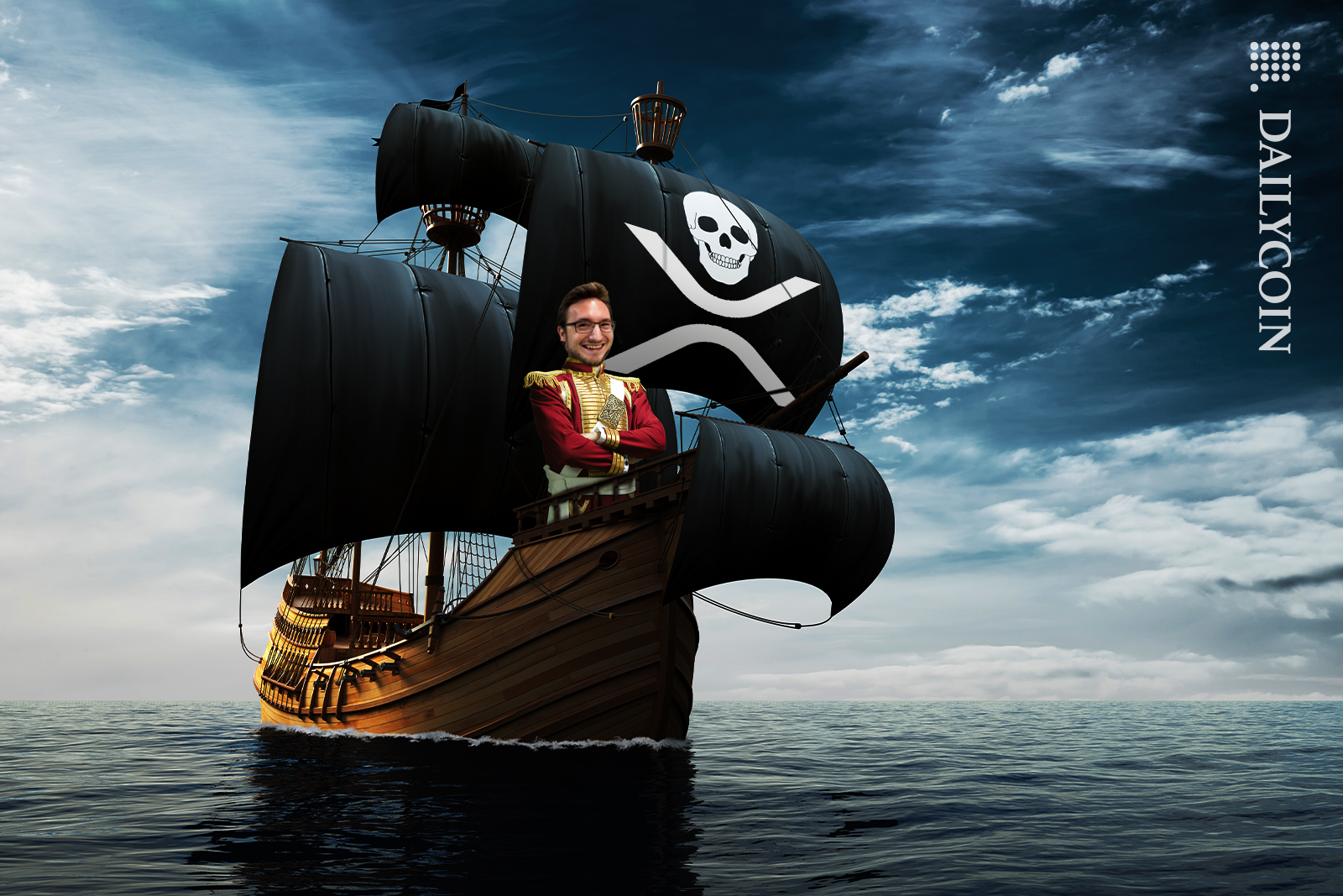 Wietse Wind swimming on a XRP pirate ship smiling.