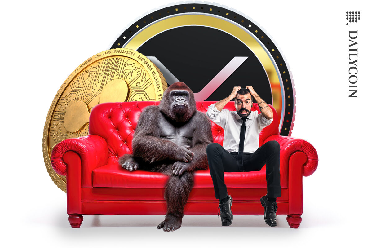 Man pulling his hair and sitting on a red sofa beside a gorilla in front of huge Ripple XRP coins.