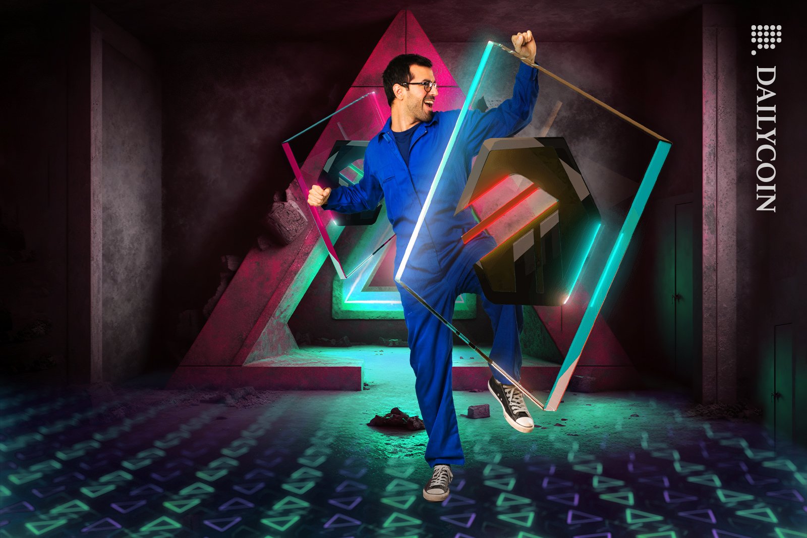 Arbitrum coming out of a Xai logo door, and a man dancing.