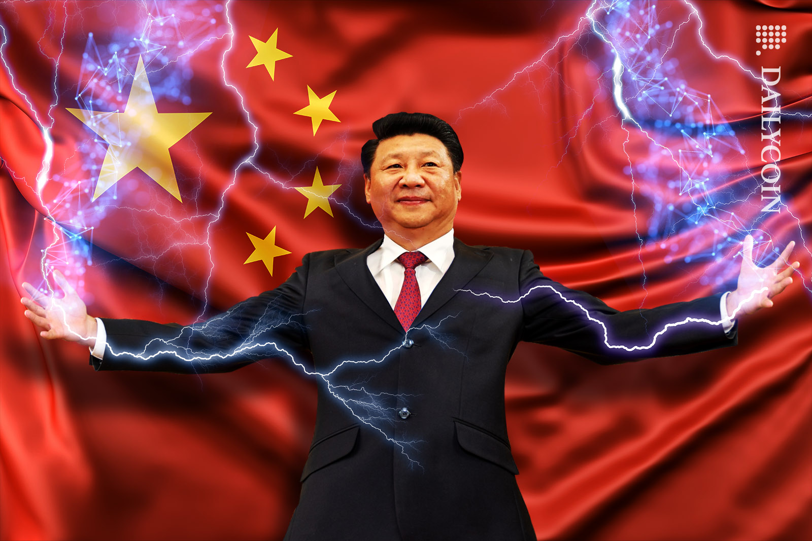 Xi Jinping with his arms out smiling, consuming blockchain energy through his hands from above.