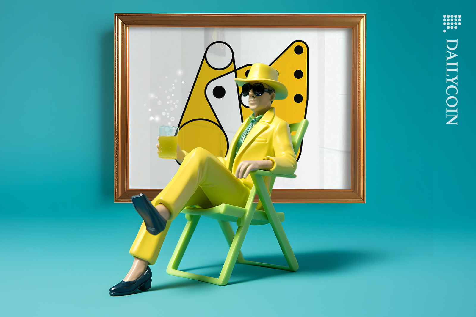 Mr. Yellow buyer, enjoying his NFT art and celebrating with a glass of finest yellow bubbly.