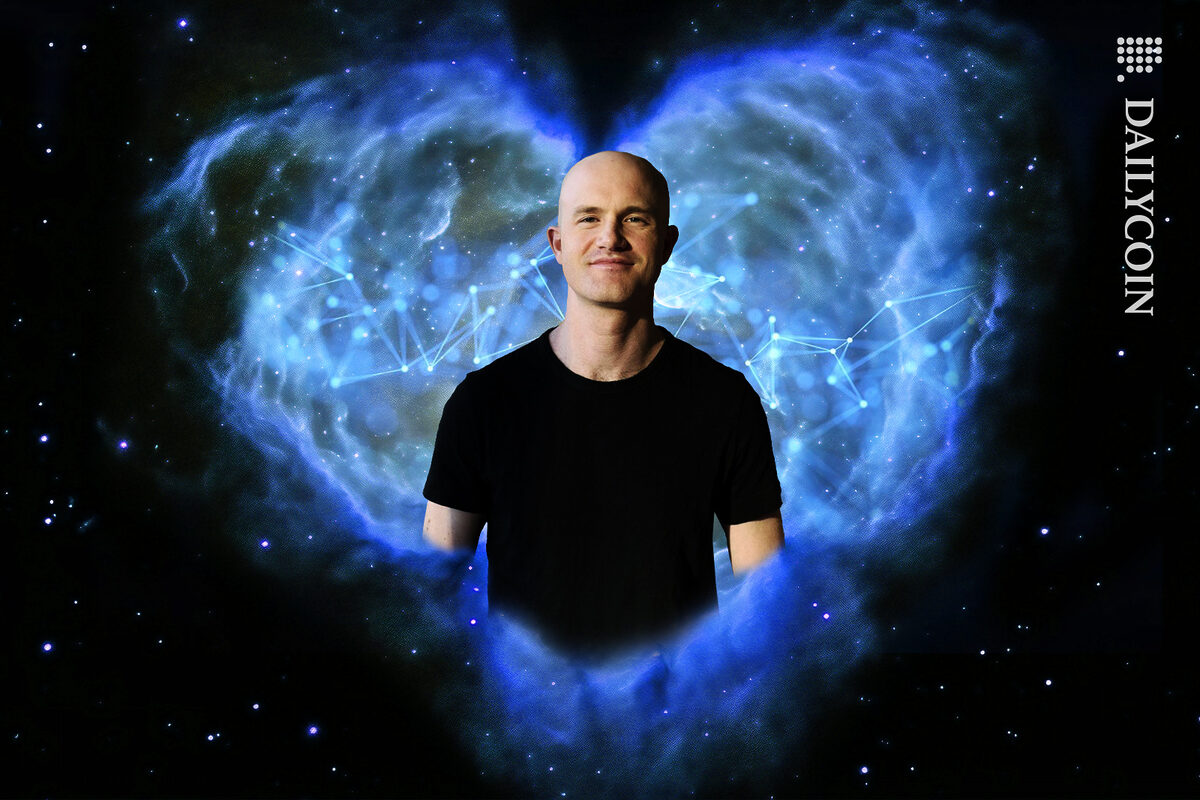Coinbase Ceo Brian Armstrong in a DeFi galaxy heart.