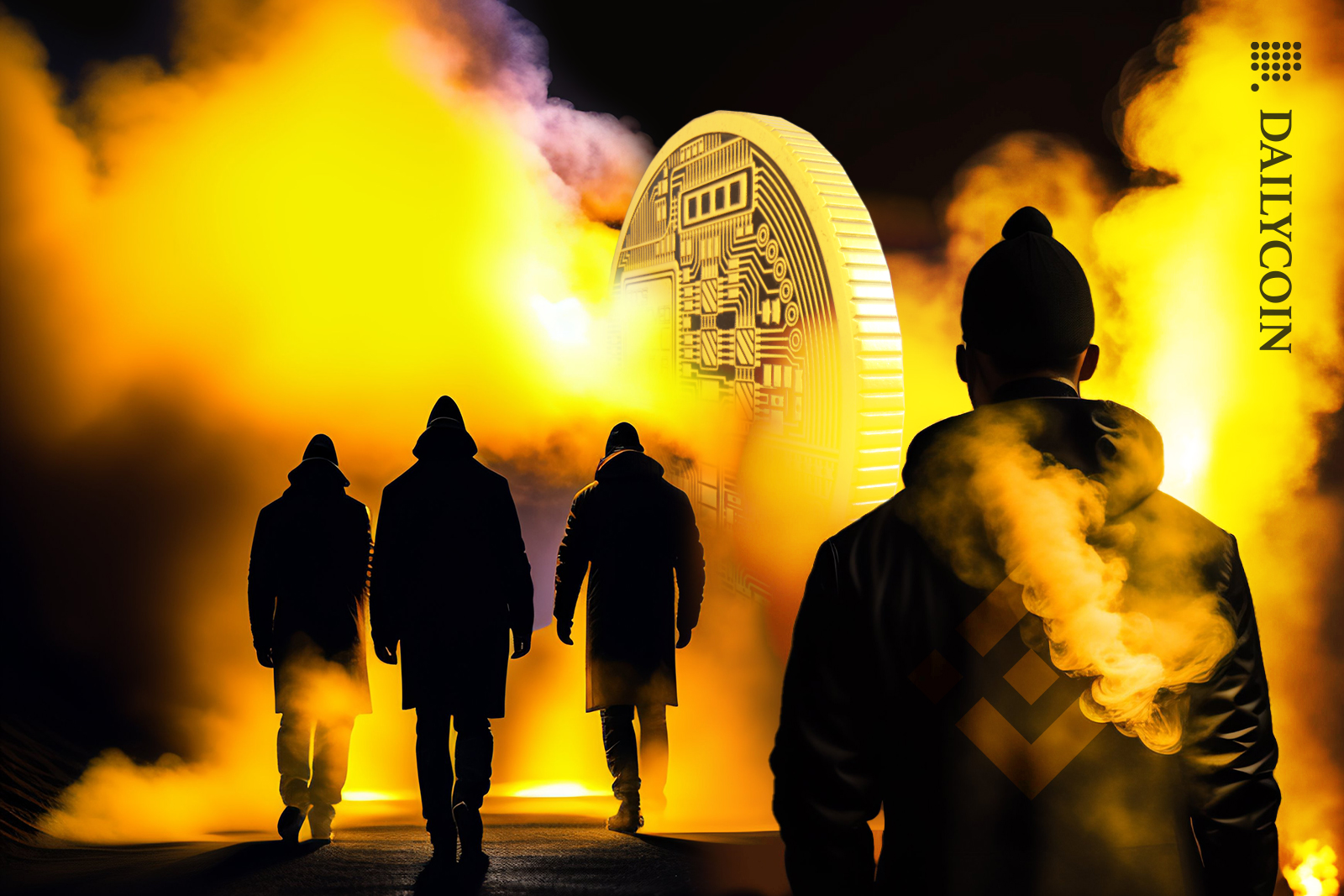 A group of humans walking towards Binance coin in smoke.